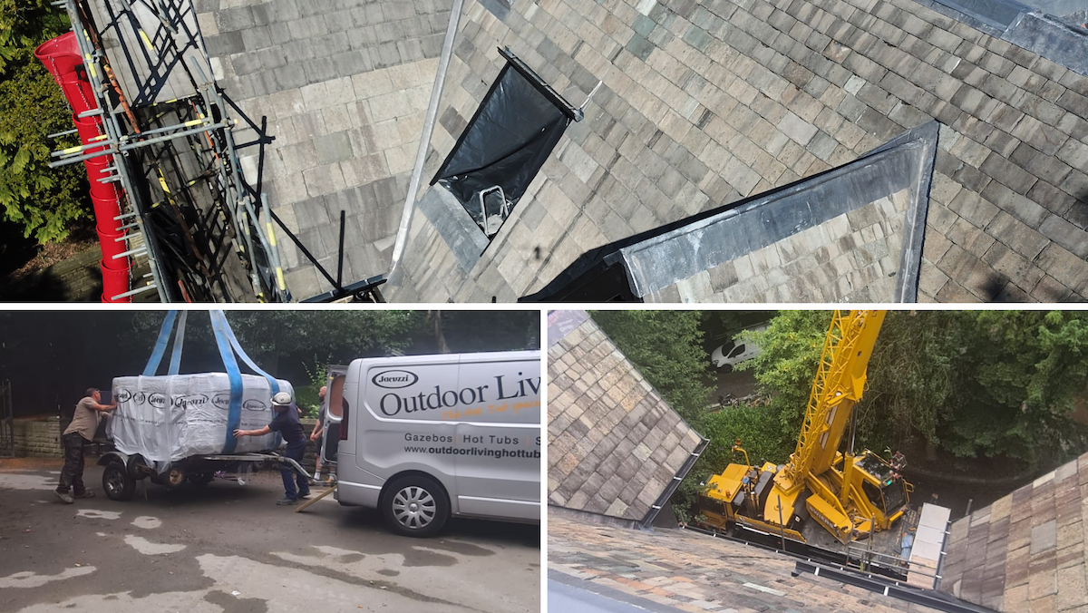 Mayfield House, Keighley, West Yorkshire.  Re-roof of historic building. Training in the hot tub in to the roof structure.