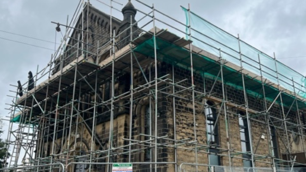 Scaffolding erected at Baildon church waiting for re-roof works to commence