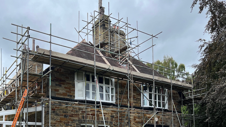 Scaffolding erected for chimney restoration work in Bingley, West Yorkshire
