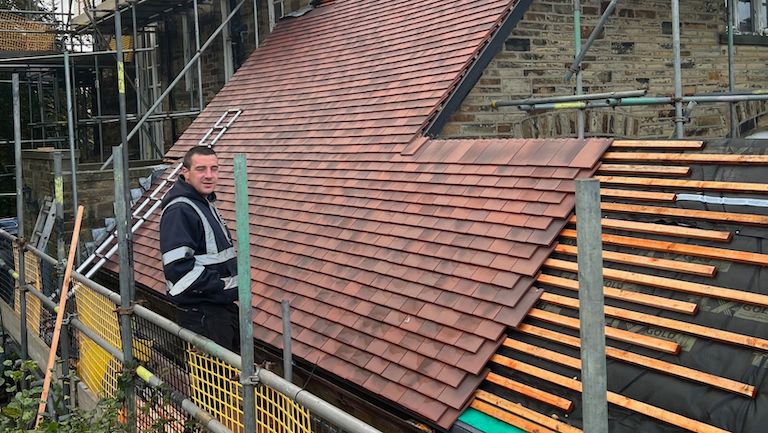Adam showing his roofing skills on a roof restoration project in BIngley, West Yorkshire