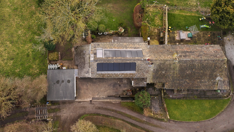 View from above of a integrated solar pv system in Colne